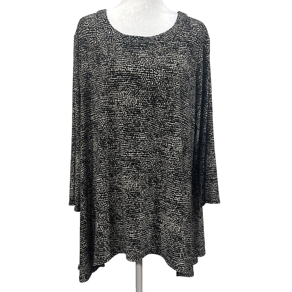 Anne Klein Womens 2X Shift Dress Black White Abstract Dot Print Long Sleeve Crew